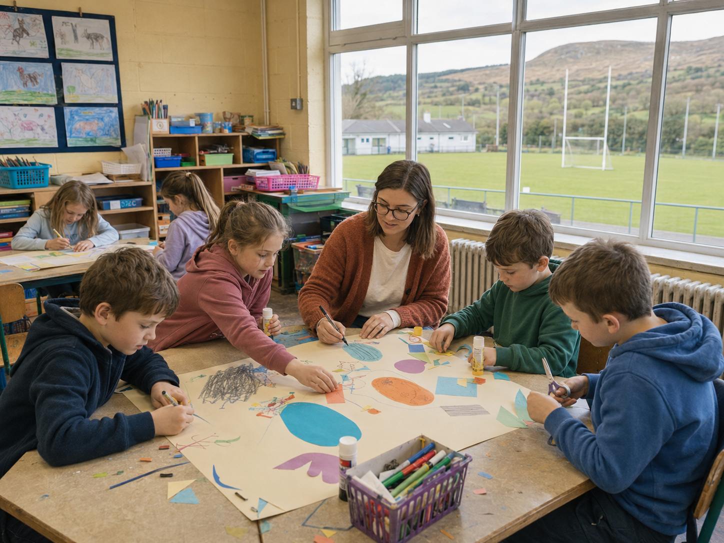 A teacher working with a group of pupils on a project